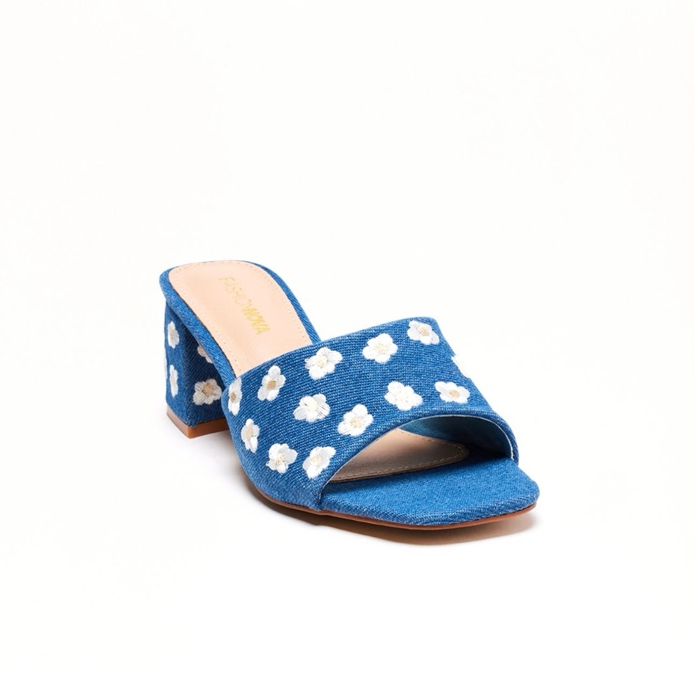 Playful Blue and White Mules with flower design
